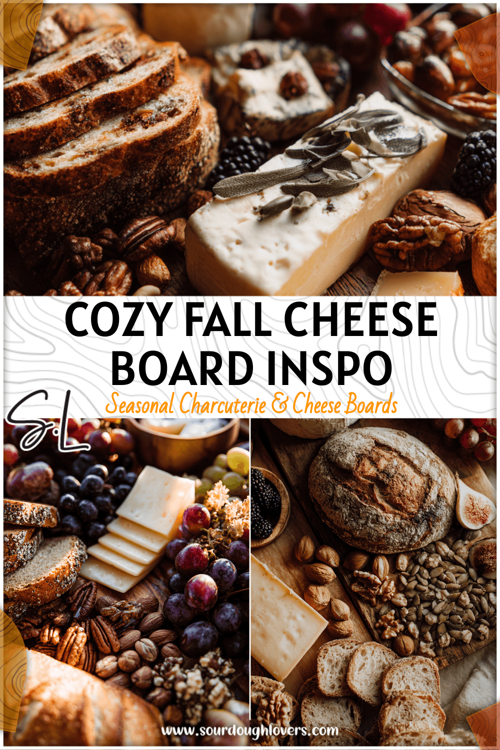Rustic fall cheese board with seasonal fruits, nuts, and bread styled as an Autumn Food Board. 2